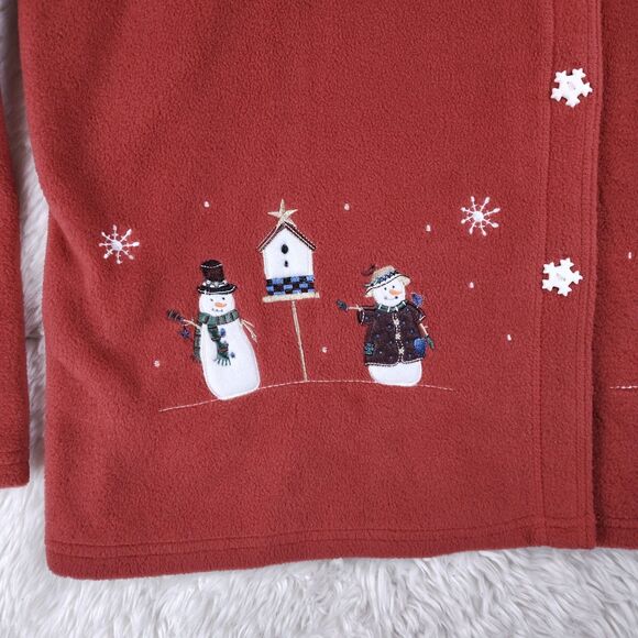 W 2X Brick Red Fleece Christmas Cardigan Embroidered Snowmen Snowflake Buttons - Picture 4 of 8